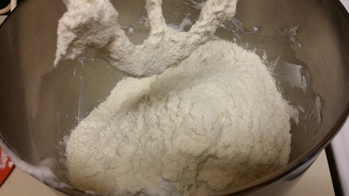 Masa mixed in with lard, looking crumbly.